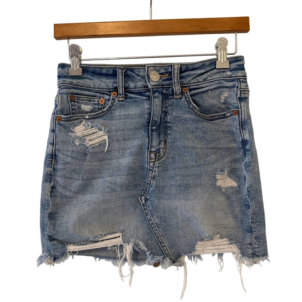 American Eagle Distressed High Rise Super Stretch Mini Blue Jean Skirt Size 2